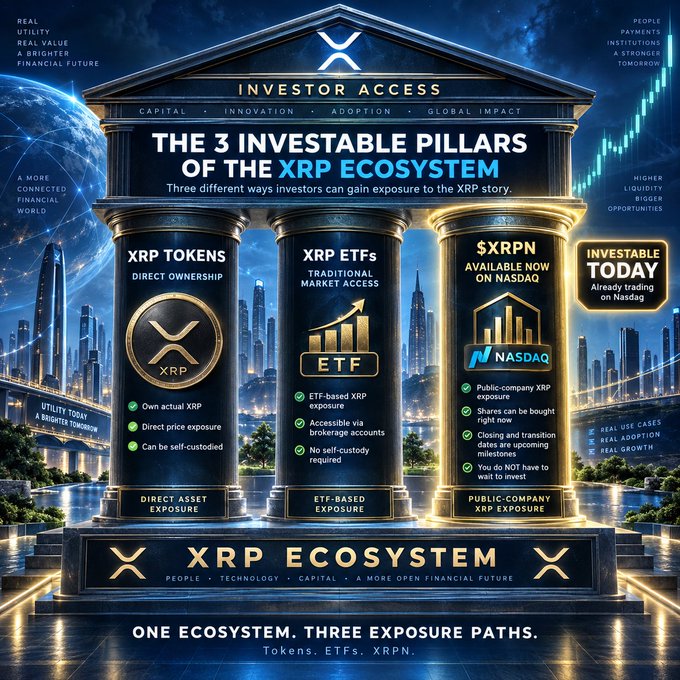 An infographic titled 'THE 3 INVESTABLE PILLARS OF THE XRP ECOSYSTEM' detailing 'XRP TOKENS', 'XRP ETFs', and '$XRPN' as investment paths.