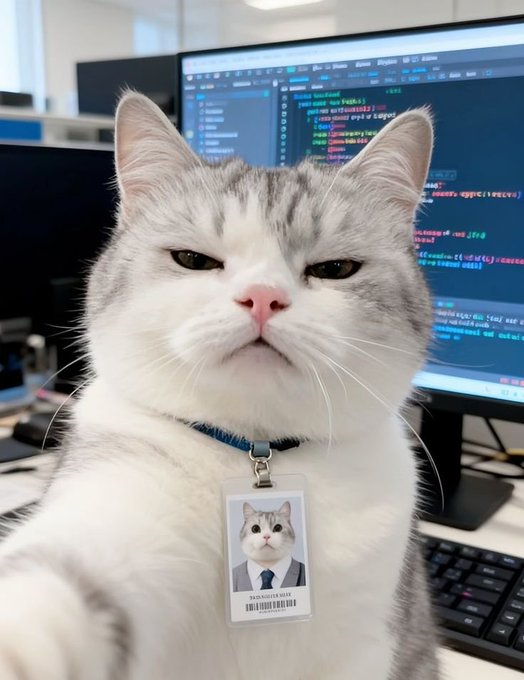 A serious-looking gray and white cat wearing an ID badge labeled 'PROGRAMMER MAN' sits in front of a computer monitor displaying lines of code.