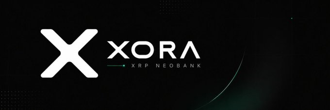 A logo for 'XORA' described as an 'XRP NEOBANK' featuring a stylized white X on a dark background with subtle green accent lines.