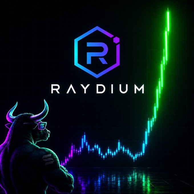 Raydium cryptocurrency promotional image featuring the RAYDIUM hexagonal logo, a bullish bull character wearing sunglasses, and a green rising price chart on a dark background.