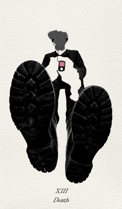 A minimalist tarot card illustration labeled 'XIII Death', depicting a figure walking away with the soles of two large black boots prominent in the foreground.