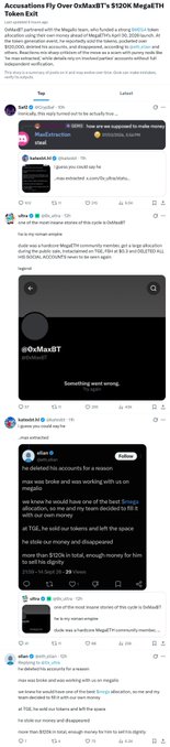 This image shows a series of X (formerly Twitter) posts titled "Accessions Fly Over 0xMaxiBT's $120M MegaETH Token Exit," where users discuss the mechanics of $120M in token withdrawals during MegaETH's "Lockdrop," with some replies expressing doubt ("ur supposed to be able to redeem to 4000 ETH" and "Something went wrong") while others confirm successful withdrawals. The image illustrates the post's theme of speculators following a trader's massive exit, capturing the crowd reaction as they debate whether the withdrawal system worked as intended.