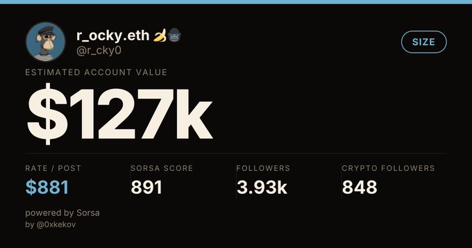 The image displays a Sorsa analytics dashboard for the X (Twitter) account "r_ocky.eth" (@r_cky0), showing an estimated account value of $127k, a rate of $881 per post, a Sorsa Score of 891, 3.93k followers, and 848 crypto followers. The "$127k" valuation visually reinforces the post's "No bad" caption, suggesting a positive reaction to the impressive crypto influencer earnings.
