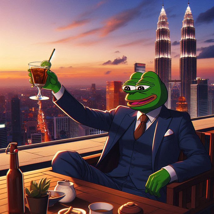 Digital illustration of a smug green Pepe the Frog character in a navy suit and red tie, holding up a cocktail glass on a rooftop bar with the Petronas Twin Towers visible in the sunset skyline behind him.