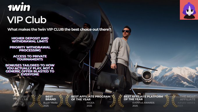 A sleek 1win VIP Club advertisement shows a man in sunglasses stepping off a private jet with a mountainous backdrop, highlighting benefits like higher deposit limits, priority withdrawals, private tournaments, and tailored rewards, alongside 2025 awards from Buyer Media, SiGMA, and Eventus Awards—visually reinforcing the post's message that 1win's VIP program offers genuinely personalized, premium service rather than just a cosmetic status badge.