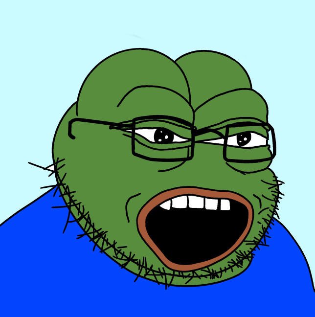 A cartoon illustration of Pepe the Frog with a brain-like forehead, stubble, and glasses, with his mouth wide open in an exaggerated expression against a light blue background.