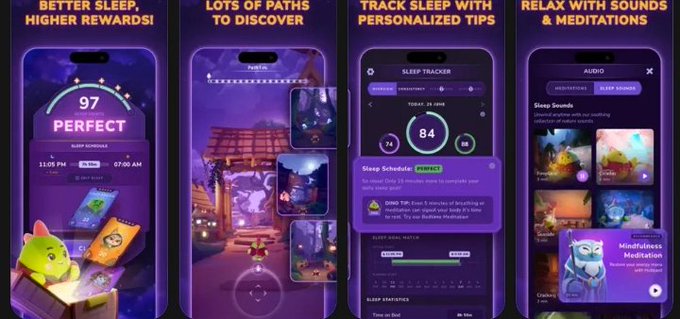 Four app screenshots for a sleep app displaying features labeled 'BETTER SLEEP, HIGHER REWARDS!', 'LOTS OF PATHS TO DISCOVER', 'TRACK SLEEP WITH PERSONALIZED TIPS', and 'RELAX WITH SOUNDS & MEDITATIONS', featuring a green dragon character.