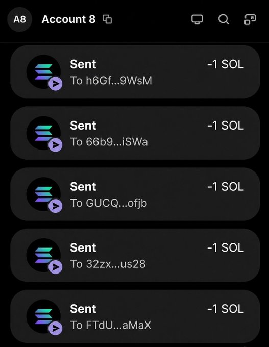 The image shows a transaction history for "Account 8" displaying five separate "Sent" transactions, each for -1 SOL, sent to different wallet addresses (h6Gf...9WsM, 66b9...iSWa, GUCQ...ofjb, 32zx...us28, and FTdU...aMaX). This serves as proof of the giveaway, visually confirming the claim in the post that 5 SOL has been sent to 5 different winners.