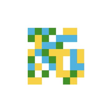 A pixel art-style QR code composed of blue, green, and yellow squares arranged in an abstract pattern.