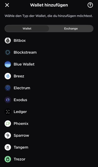 A German-language mobile app screen titled "Wallet hinzufügen" (Add Wallet) showing a list of supported cryptocurrency wallet options including Bitbox, Blockstream, Blue Wallet, Breez, Electrum, Exodus, Ledger, Phoenix, Sparrow, Tangem, and Trezor, with a toggle to choose between "Wallet" and "Exchange" types—illustrating the post's question about which additional wallets to integrate next.