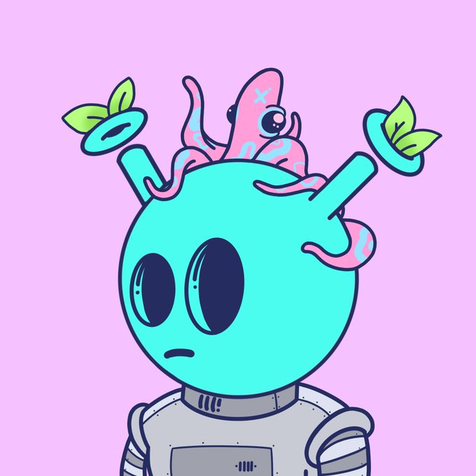 A cartoon illustration shows a teal alien-headed robot character with an axolotl on its head, set against a pink background.