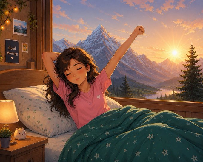 A young woman with long dark hair stretches in bed wearing a pink shirt, smiling contentedly as a sunrise illuminates snow-capped mountains visible through the window. A "Good Morning" sign on the wall and cozy bedroom details with star-patterned bedding reinforce the cheerful wake-up message meant for the family.
