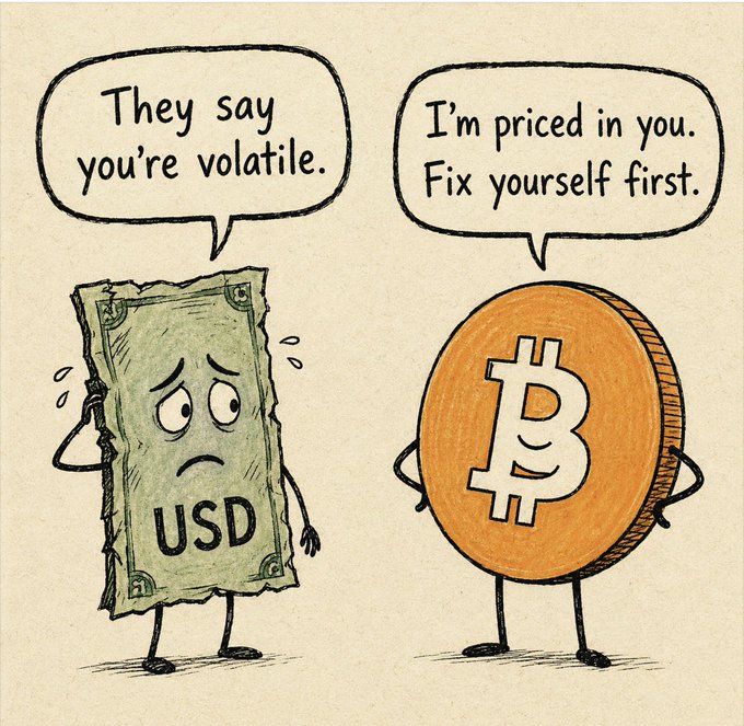 A cartoon depicts a worn, sad USD dollar bill telling Bitcoin "They say you're volatile," while a confident Bitcoin coin retorts "I'm priced in you. Fix yourself first."