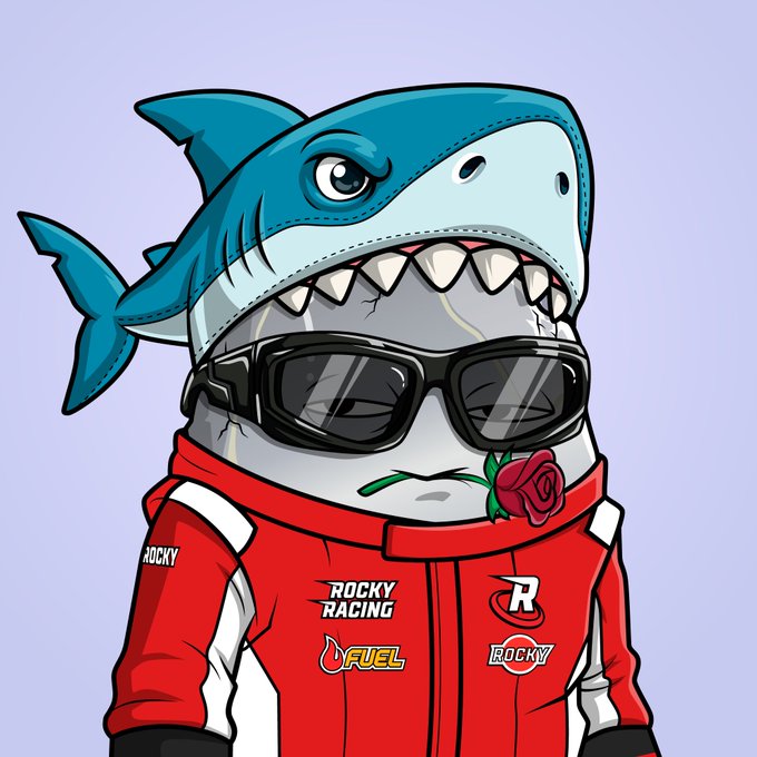 A cartoon illustration of a shark wearing sunglasses and a red racing jacket labeled 'ROCKY RACING', 'FUEL', and 'ROCKY', with a rose in its mouth.