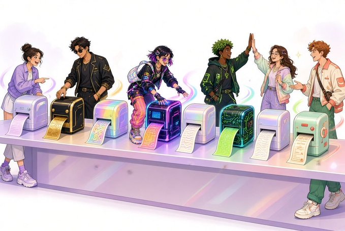 An anime-style illustration of six diverse characters standing behind a counter with various colorful printers/receipt machines, with one printer displaying a sword design and another showing circuit board patterns.