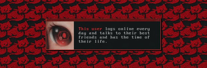 The image features a red pixel-art style background with an inset box showing an eye with a red spiral iris, alongside the text "This user logs online every day and talks to their best friends and has the time of their life," creating a stark contrast with the celebratory "gm big week ahead" tone of the post.