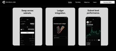 A dark-themed website mockup displaying three mobile app screens labeled 'Swap across symptoms', 'Ledger integration', and 'Super fast performance'.