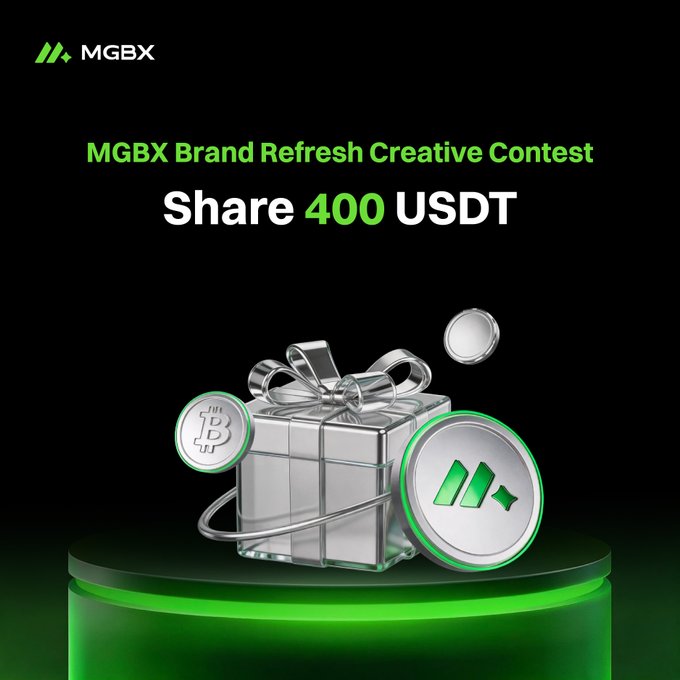 A sleek promotional graphic for the "MGBX Brand Refresh Creative Contest" featuring a silver gift box with green-accented MGBX and Bitcoin coins on a glowing podium, inviting users to create memes with the new branding to share a 400 USDT prize pool among 20 winners.