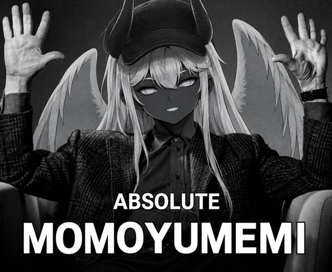 A black-and-white anime-style character with horns, angel wings, and a confident pose displays the text "ABSOLUTE MOMOYUMEMI," matching the post's hype about the @momoyumemi project distributing over 10,000 USDC to holders and offering booster packs via $ETH and $MOMO.
