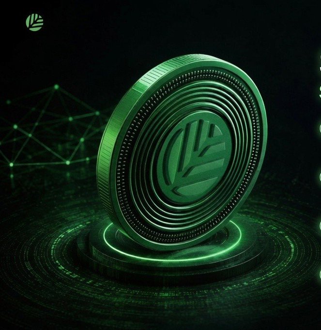 A 3D rendering of a green metallic coin with a leaf emblem at its center, displayed on a circular glowing pedestal against a dark background with a network of connected green dots.
