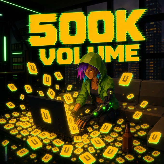 A cyberpunk-styled anime character in a green hoodie and cybernetic arm sits on a couch working on a laptop, surrounded by floating "U" tokens and a "500K VOLUME" glitch-text banner overhead, visually celebrating the $500,000 trading milestone.