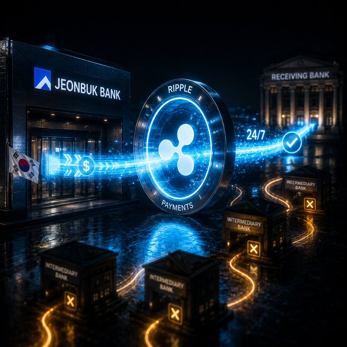 A digital illustration showing a financial transaction flow from Jeonbuk Bank through Ripple Payments to a Receiving Bank, with intermediary banks marked with an 'X' below.