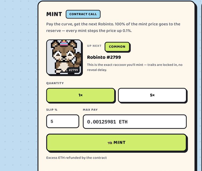 A 'MINT' interface for Robinto #2799, showing a pixelated raccoon NFT with options to mint 1x or 5x, set slip %, max pay of 0.00125981 ETH, and a green MINT button.