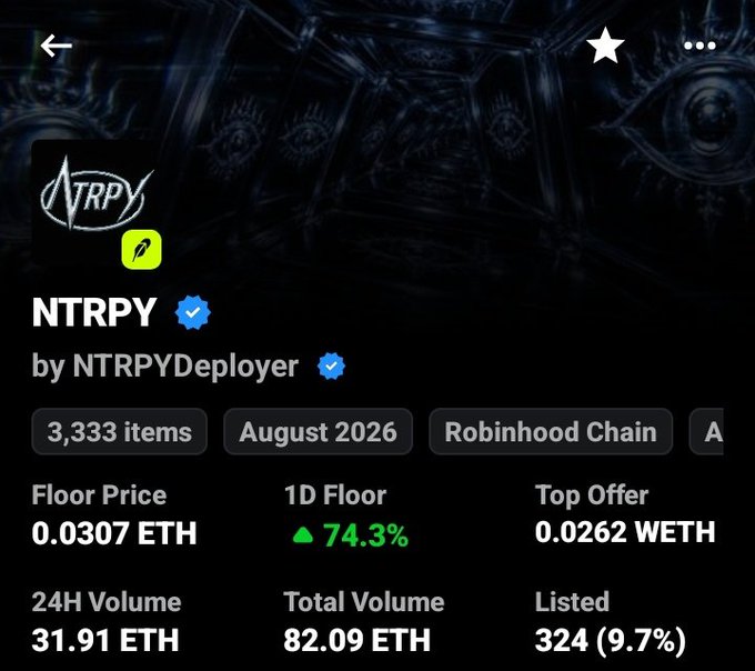 This image shows the NFT collection "NTRPY" by NTRPYDeployer, with a floor price of 0.0307 ETH, which aligns with the "Free - 0.0307 $ETH" mentioned in the post. The post expresses satisfaction with the NTRPY community and hints at a successful "hold and do nothing" strategy.
