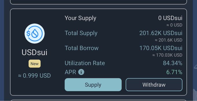 A dark-themed digital wallet interface showing USDsui token statistics, including a 0 USDsui balance, Total Supply of 201.62K, Total Borrow of 170.05K, Utilization Rate of 84.34%, and an APR of 6.71%, with Supply and Withdraw buttons.