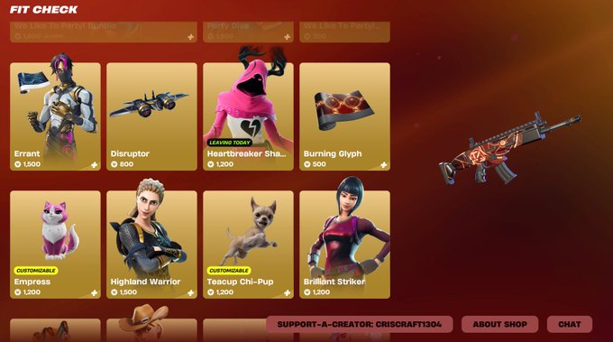 A Fortnite 'Fit Check' creator support-a-creator shop displaying various cosmetic items for purchase including Errant (1,500), Disruptor (800), Heartbreaker Sha... (1,200), Burning Glyph (500), Empress (1,200), Highland Warrior (1,500), Teacup Chi-Pup (1,200), and Brilliant Striker (1,300).