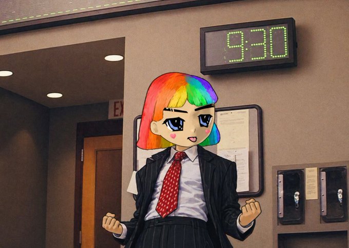 An anime-style character with rainbow-colored hair, wearing a black suit and red tie, standing in a hallway beneath a digital clock displaying "9:30".