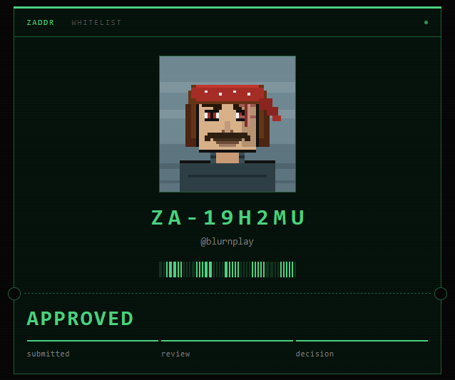 A digital ZADDR whitelist approval card displaying the username '@blurnplay', ID 'ZA-19H2MU', and an 'APPROVED' status with a Minecraft-style pixel art avatar.