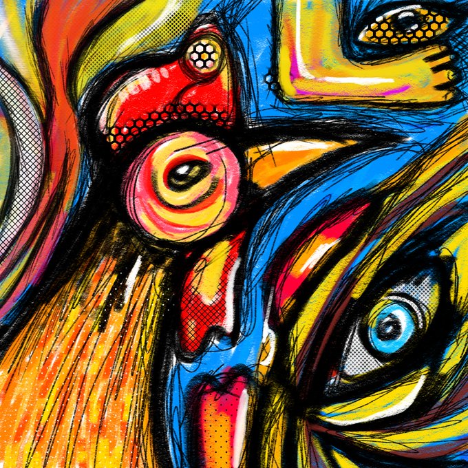 A vibrant, abstract painting composed of overlapping faces and eyes rendered in bold, contrasting primary colors like red, yellow, and blue.