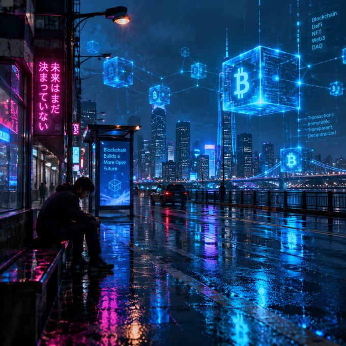 A neon cyberpunk cityscape at night with a person sitting on a bench under rainy reflections, featuring glowing blue blockchain cubes with the Bitcoin 'B' logo and text including 'Blockchain', 'DeFi', 'NFT', and 'Web3'.