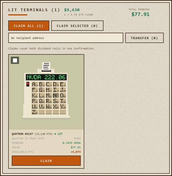 A pixel-art style dashboard for 'LIT TERMINALS' shows a balance of $9,430 and total pending of $77.91, featuring a 'Quotron II Desk Unit' NFT displaying 'NVDA 222.06' with claim and transfer buttons.