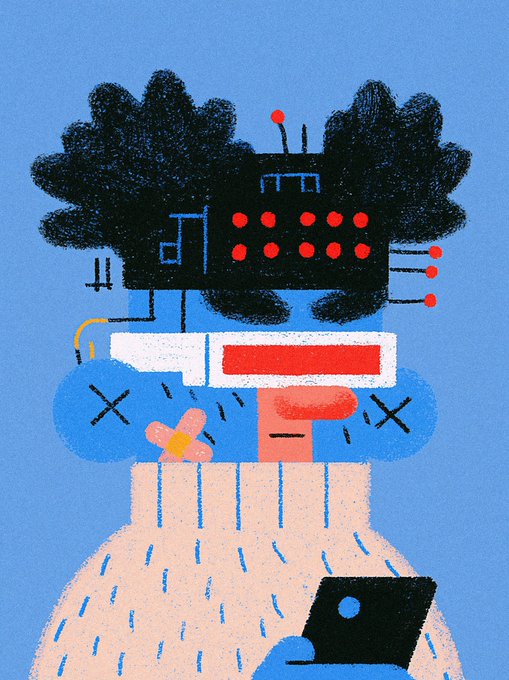 An abstract textured illustration in blue, black, red, and beige tones depicting a stylized figure with a mechanical, cloud-like head and geometric body elements.