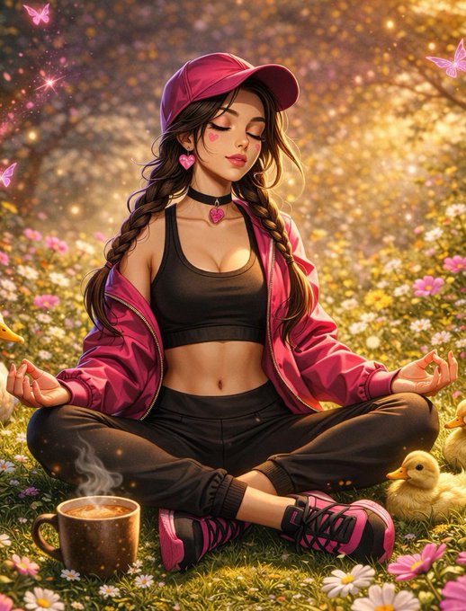 An anime-style illustration of a girl with twin braids, a pink cap and jacket, meditating in a flower-filled meadow with baby ducks, butterflies, and a cup of tea nearby.