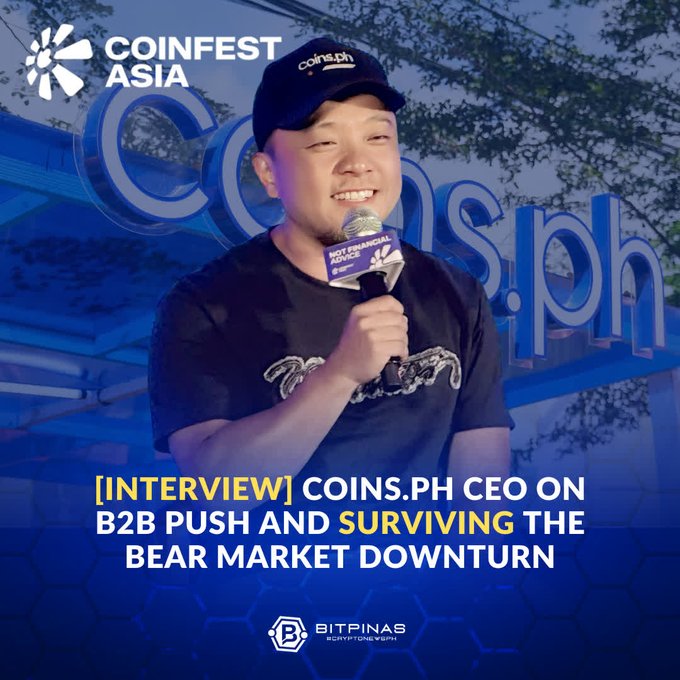 An interview graphic for Coinfest Asia featuring the CEO of coins.ph, with text '[INTERVIEW] COINS.PH CEO ON B2B PUSH AND SURVIVING THE BEAR MARKET DOWNTURN' from Bitpinas.