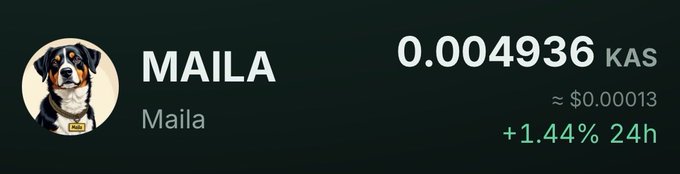 A cryptocurrency tracker widget showing the token 'MAILA' (Maila) priced at 0.004936 KAS (~$0.00013), up 1.44% in 24h, accompanied by a Bernese Mountain Dog avatar.