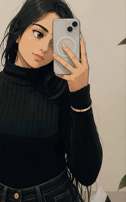 An illustrated portrait of a dark-haired woman wearing a black turtleneck taking a selfie with a smartphone featuring a circular ring accessory.
