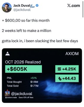 The image features a tweet from user @jackduval showing an Axiom trading performance dashboard for October 2026 with +$605K realized (PNL +51%, with +$19M bought and $177M sold), accompanied by his caption claiming "$600,000 so far this month" with "2 weeks left to make a million." The post and image together playfully suggest that Axiom traders' high profitability comes from the platform itself, which ironically contradicts the screenshot showing his own significant gains.