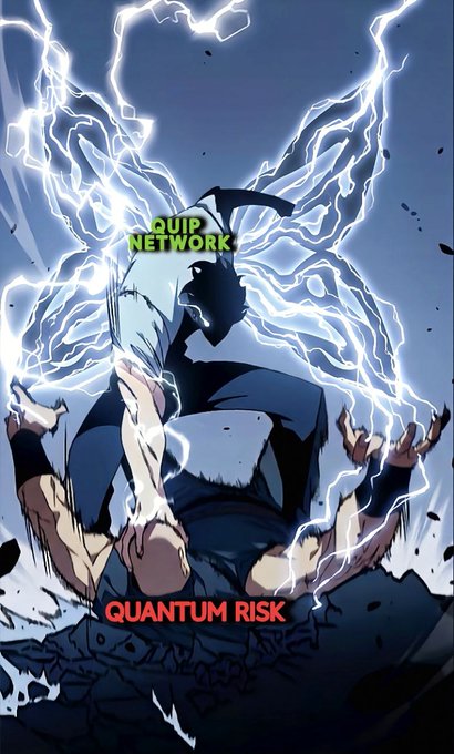 The image features a poster with a man depicted as a superhero, holding a gun and surrounded by lightning bolts. The poster also includes text that reads "quipnetwork fixes that quietly no migration no new chain your existing wallet just becomes quantum safe same network runs proof of useful work finance," which is related to the concept of Quantum Risk in cryptocurrency.