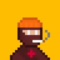 A pixel-art character with dark skin, an orange cap, and a red cross on their chest appears against a solid yellow background.