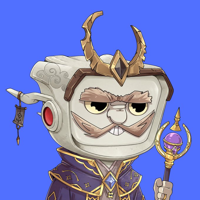 An illustration depicts a stylized character with a TV-shaped head, featuring a mustache, horns, and a wizard's outfit while holding a staff with a purple orb.