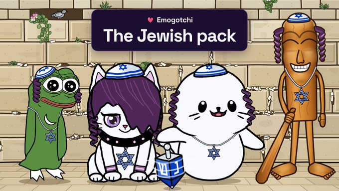 An advertisement for 'The Jewish pack' by Emogotchi displays cartoon characters, including a frog, a cat with purple hair, a white seal, and a wooden tiki figure, all wearing kippahs and Star of David necklaces.