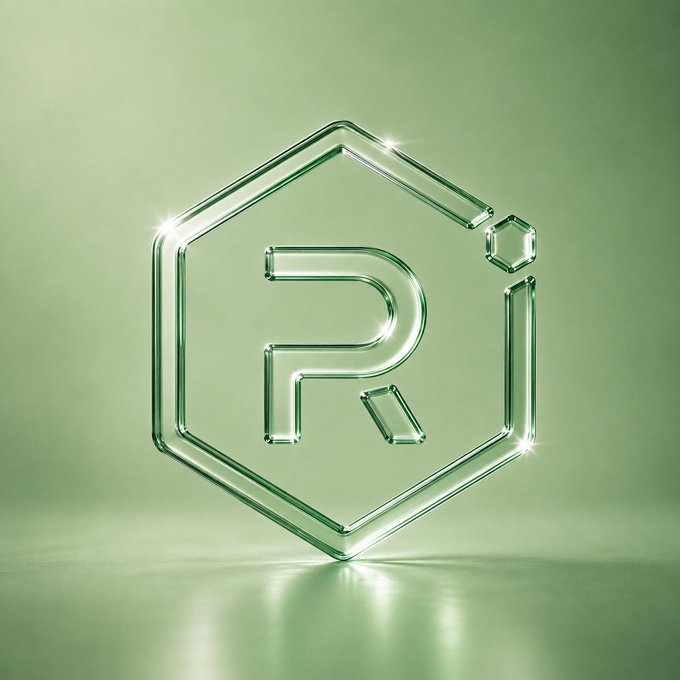 A glowing green hexagonal glass emblem with a stylized "Pi" letter sits on a reflective floor against a soft green backdrop, the crystalline design and sleek aesthetic suggesting an imminent crypto or tech project launch teased by the word "Soon."