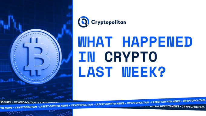 A Cryptopolitan banner reading 'WHAT HAPPENED IN CRYPTO LAST WEEK?' alongside a blue 3D Bitcoin coin against a stock chart background.