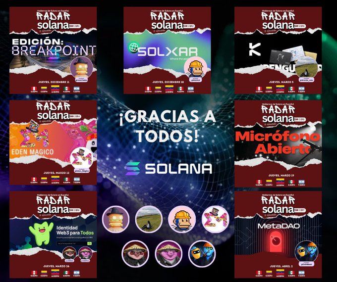A collage of 'RADAR SOLANA LIVE' promotional graphics thanks participants ('¡GRACIAS A TODOS!') and features featured projects like SOLXAR, EDEN MAGICO, KENCU, and MetaDAO.
