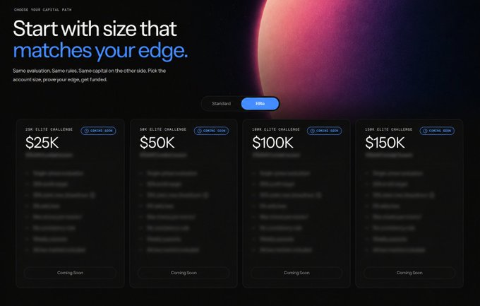 This image displays a promotional landing page for a new "Elite" trading plan featuring account sizes of $25K, $50K, $100K, and $150K, all currently listed as "Coming Soon." The layout visually introduces the high-stakes account options mentioned in the post's announcement regarding the upcoming "Elite plan" launch.
