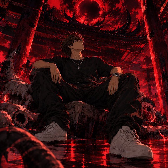 A young man with tousled brown hair sits casually on a rock throne beneath a blood-red sky and eclipsed moon, dressed in a black oversized tee, black cargo pants, and white sneakers, wearing silver chains and a watch. The dark, moody anime-style art sets a powerful "GM GANG" tone, matching the post's call for a cool morning greeting with diamond vibes. 🩵